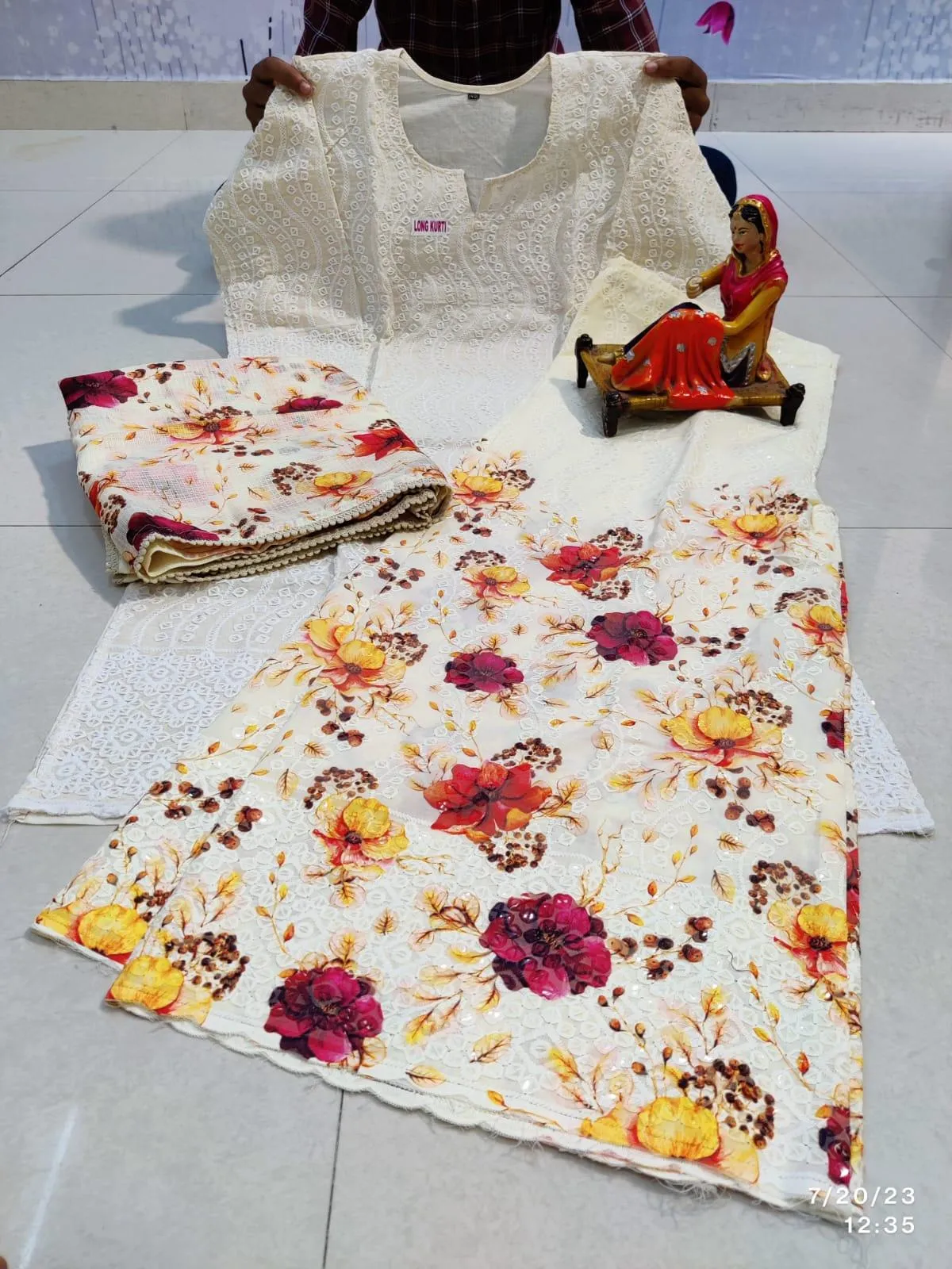 🌸 Enchanting Chikankari Sequins White Kurti Set with Yellow Red Floral Digital Print Sharara and Dupatta🌸