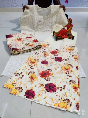 🌸 Enchanting Chikankari Sequins White Kurti Set with Yellow Red Floral Digital Print Sharara and Dupatta🌸