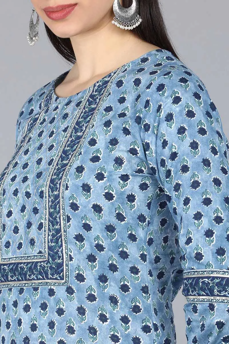 Ahika Blue Pure Cotton Straight Kurta Pant With Dupatta