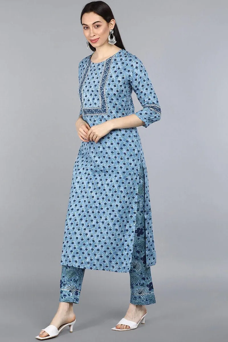 Ahika Blue Pure Cotton Straight Kurta Pant With Dupatta