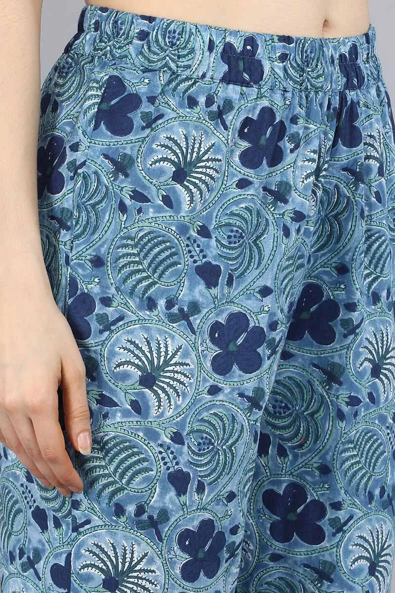 Ahika Blue Pure Cotton Straight Kurta Pant With Dupatta