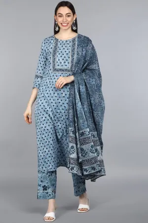 Ahika Blue Pure Cotton Straight Kurta Pant With Dupatta
