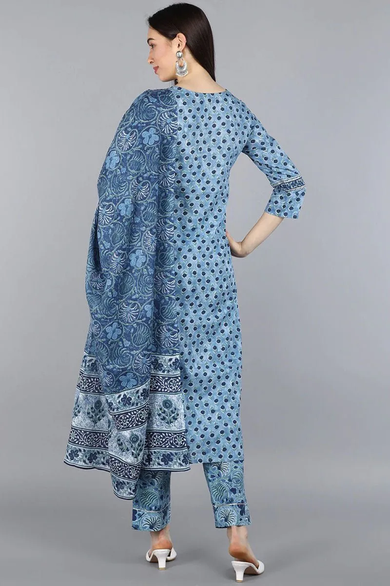 Ahika Blue Pure Cotton Straight Kurta Pant With Dupatta