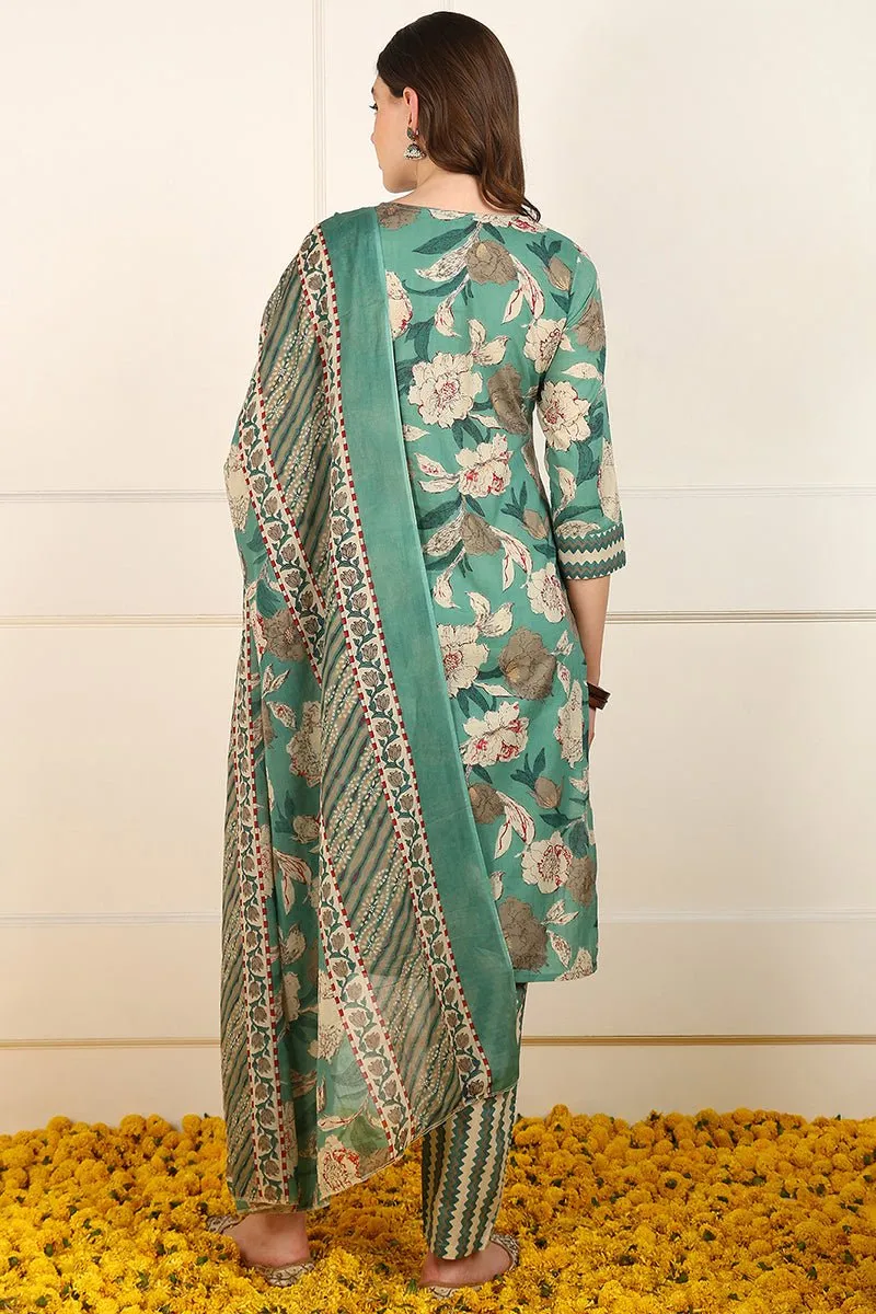 Ahika Green Cotton Floral Printed Straight Suit Set