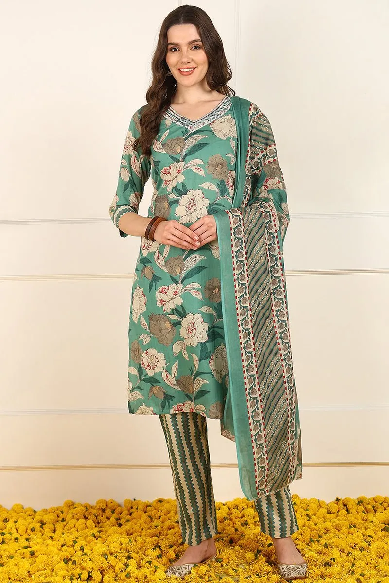 Ahika Green Cotton Floral Printed Straight Suit Set