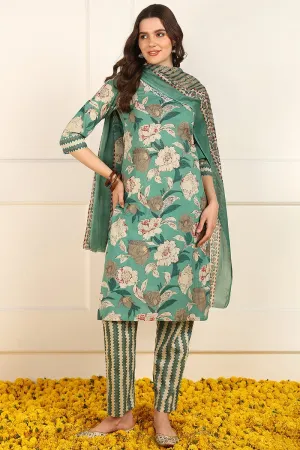 Ahika Green Cotton Floral Printed Straight Suit Set