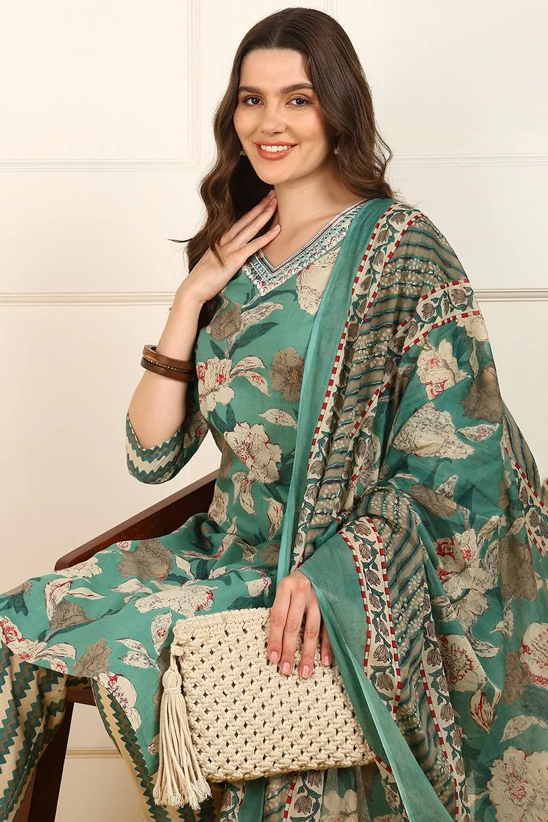 Ahika Green Cotton Floral Printed Straight Suit Set