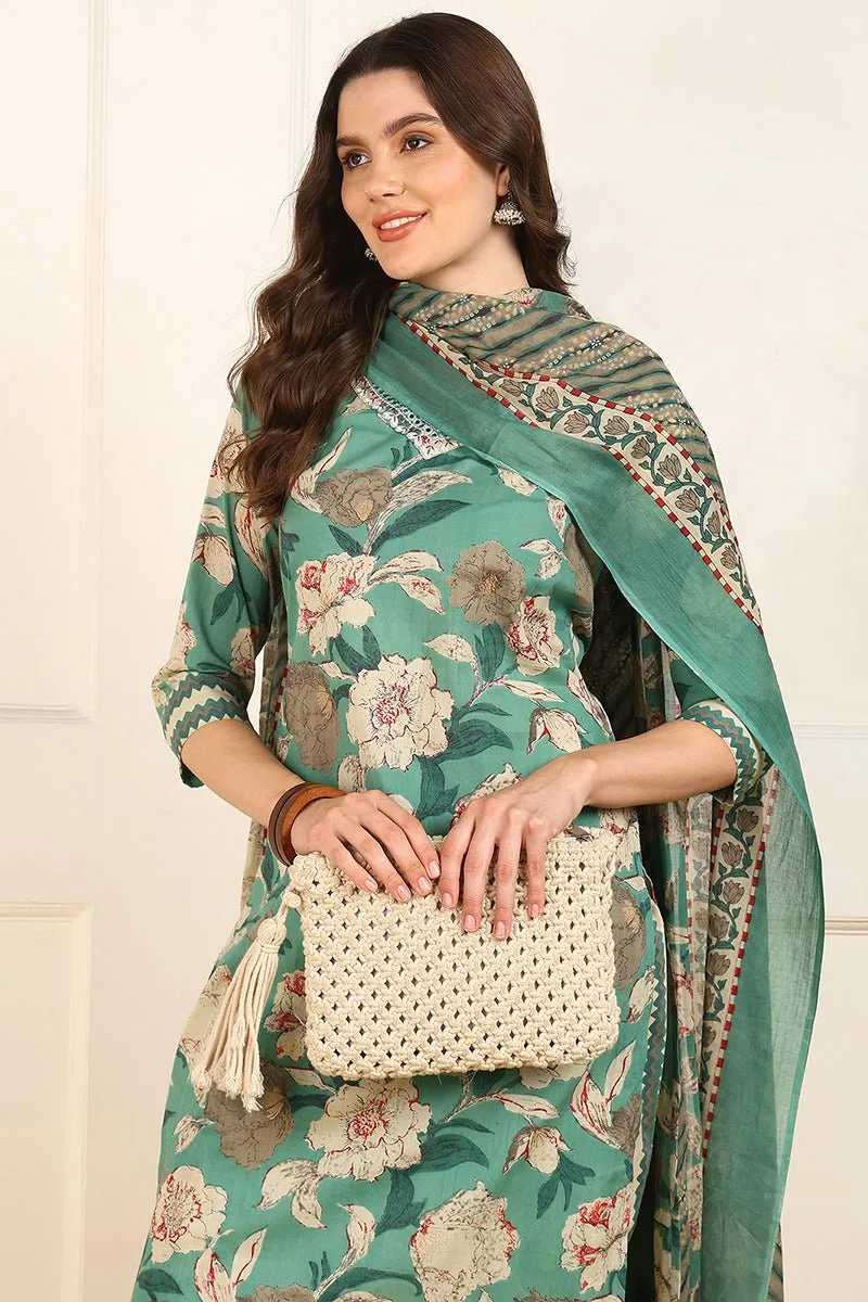 Ahika Green Cotton Floral Printed Straight Suit Set