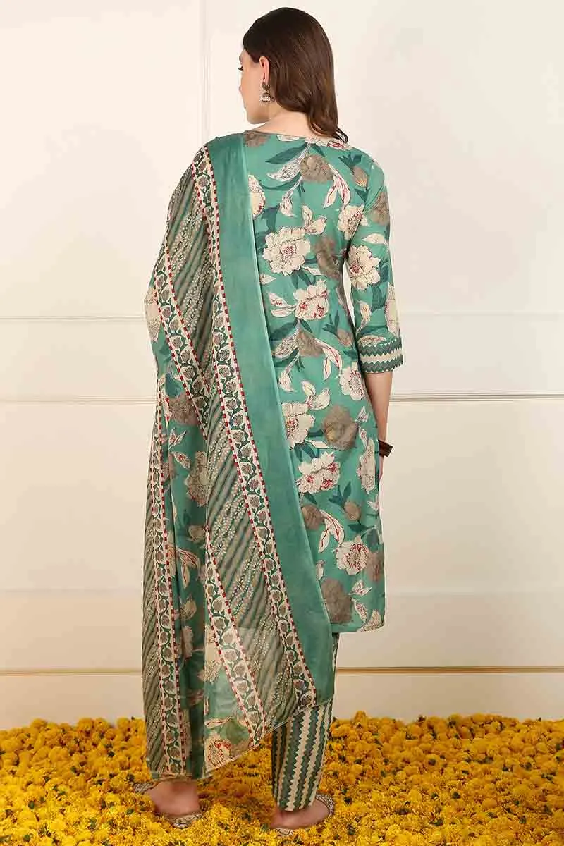 Ahika Green Cotton Floral Printed Straight Suit Set