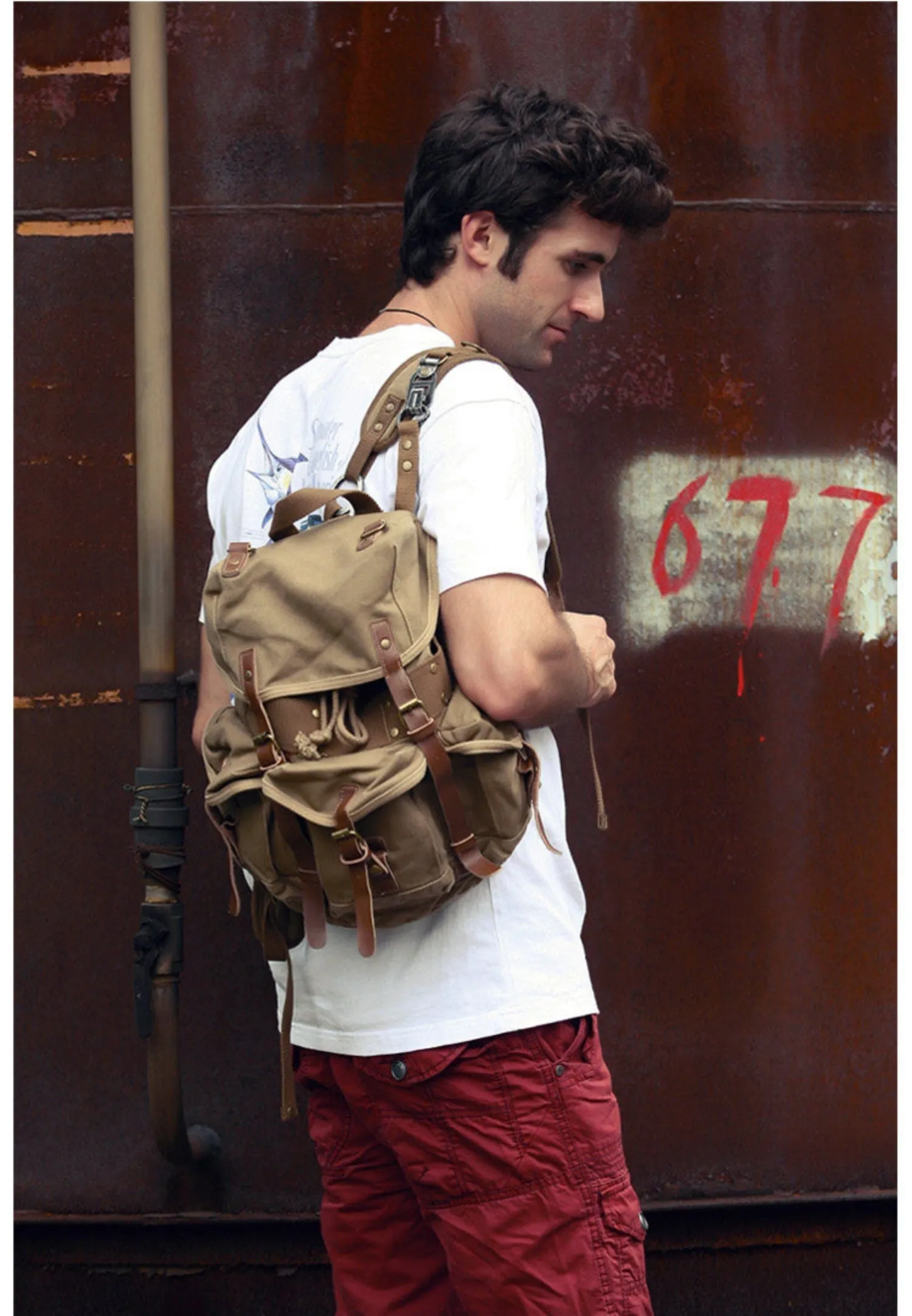 Army Green Canvas Travel Backpack for Men Canvas EDC Backpack Mens Canvas Hiking Backpack