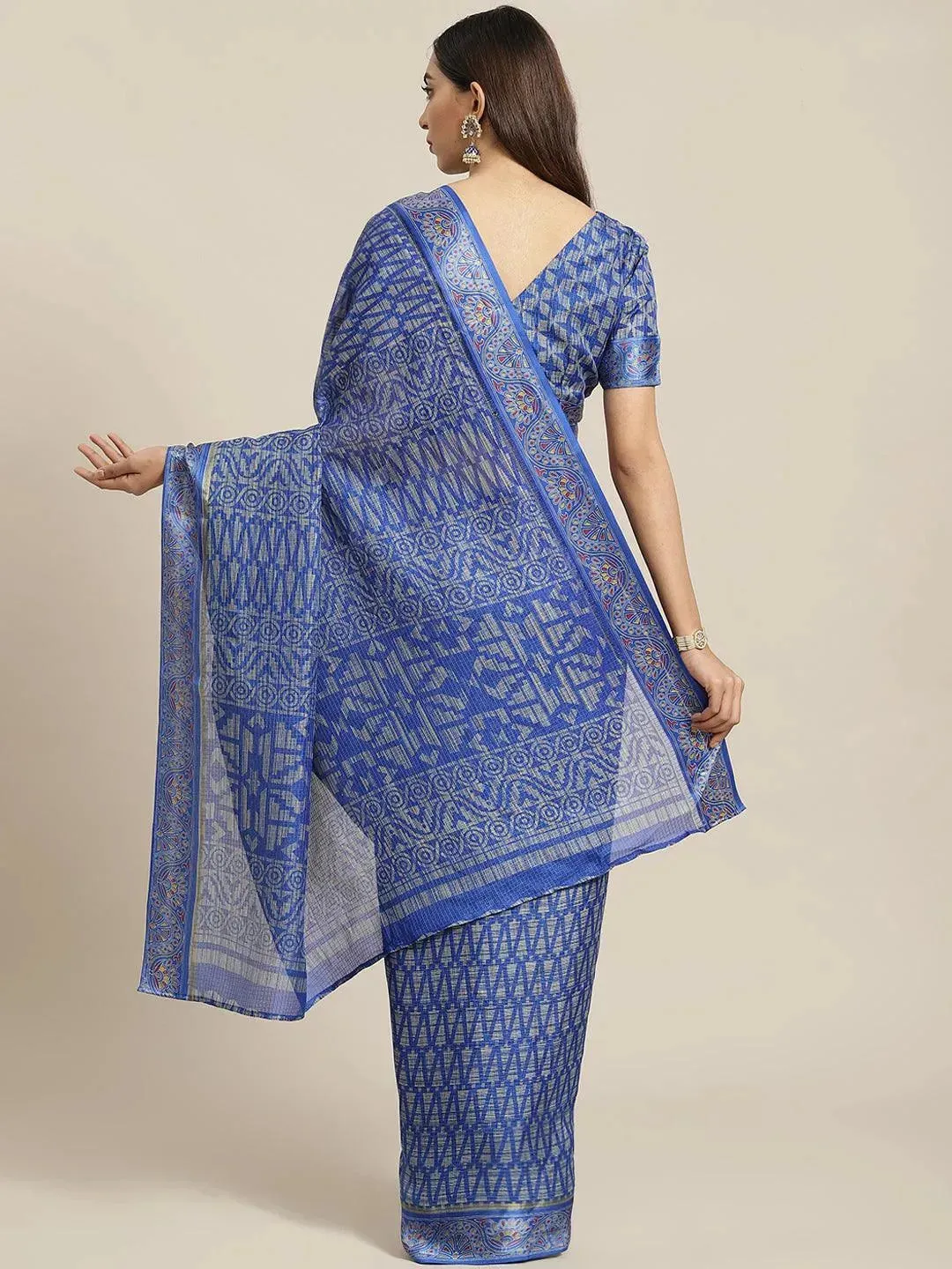 Blue Printed Linen Saree