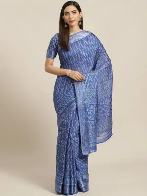 Blue Printed Linen Saree