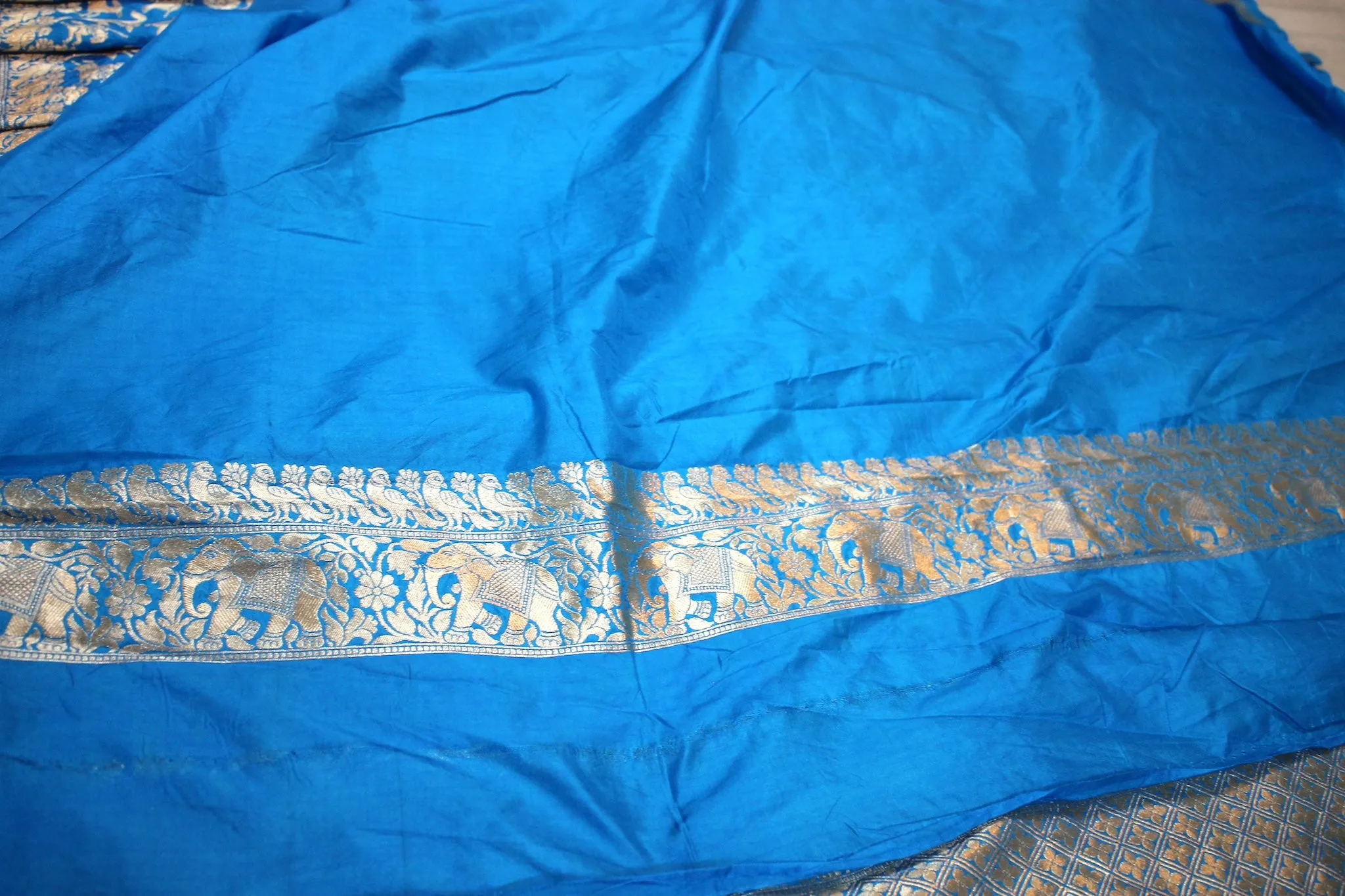 Blue Shikargaah Pure Katan Silk Handloom Banarasi Saree