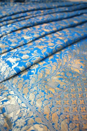 Blue Shikargaah Pure Katan Silk Handloom Banarasi Saree