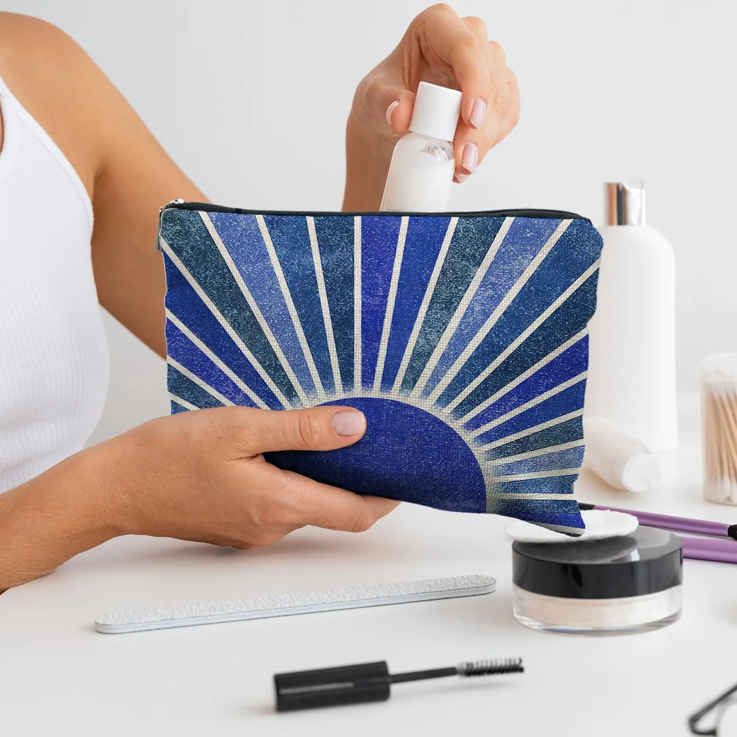 Boho Makeup Bag, Boho Abstract Navy Blue Sun Makeup Bags for Women, Boho Gifts for Women, Boho Makeup Pouch Zipper Pouch, Navy Blue Aesthetic Makeup Bag