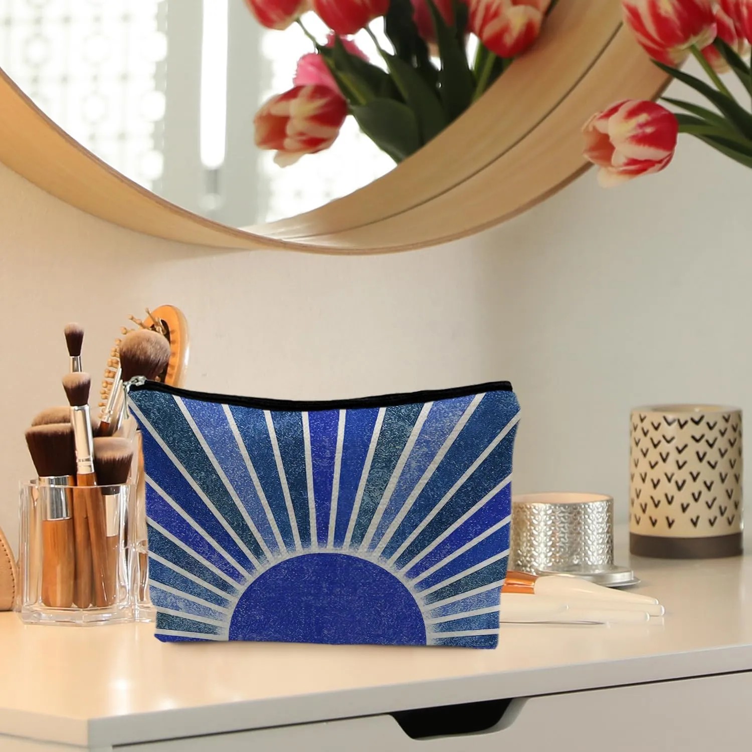 Boho Makeup Bag, Boho Abstract Navy Blue Sun Makeup Bags for Women, Boho Gifts for Women, Boho Makeup Pouch Zipper Pouch, Navy Blue Aesthetic Makeup Bag