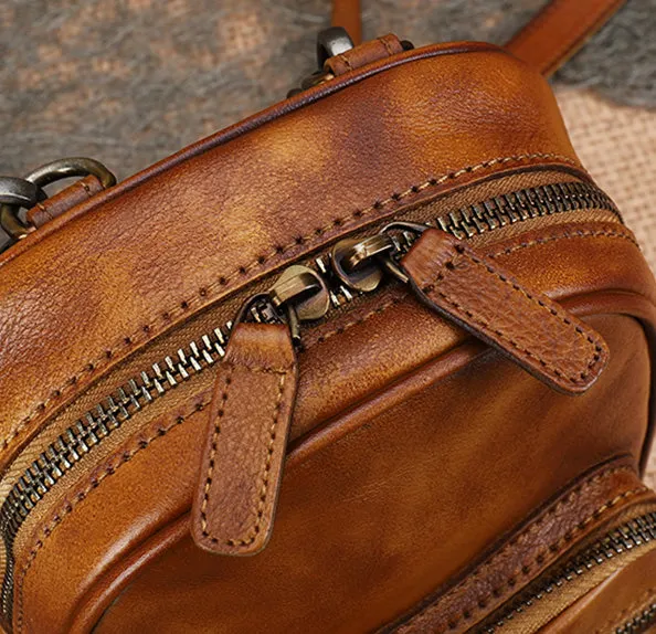 Cute Brown Leather Womens Backpack Mini Rucksack For Women