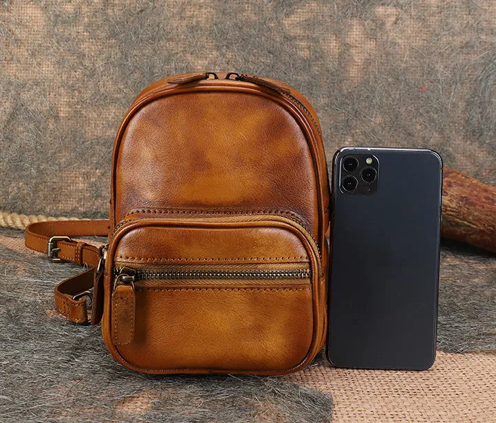 Cute Brown Leather Womens Backpack Mini Rucksack For Women