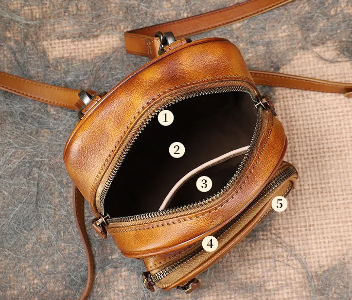Cute Brown Leather Womens Backpack Mini Rucksack For Women