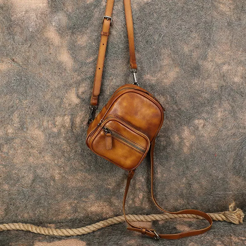 Cute Brown Leather Womens Backpack Mini Rucksack For Women