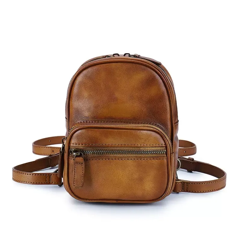 Cute Brown Leather Womens Backpack Mini Rucksack For Women