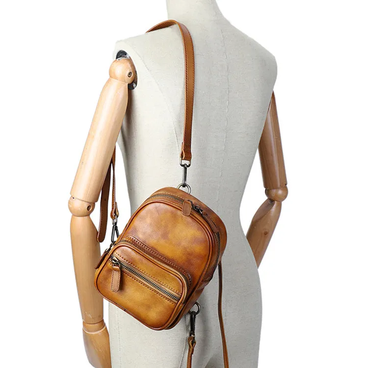 Cute Brown Leather Womens Backpack Mini Rucksack For Women