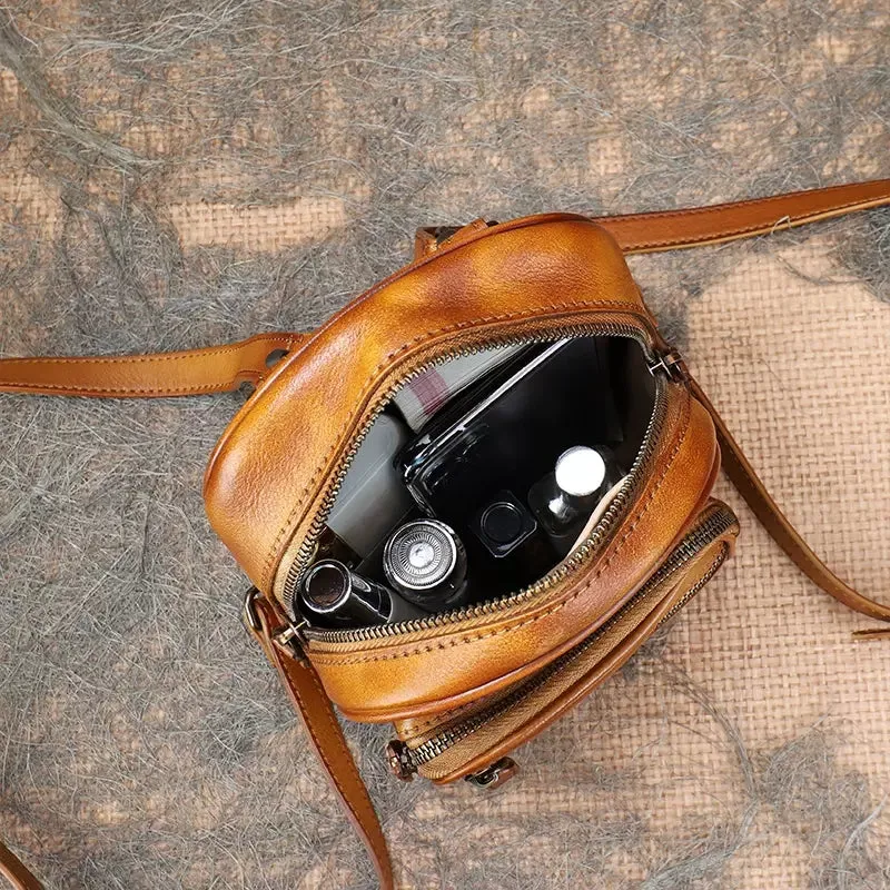Cute Brown Leather Womens Backpack Mini Rucksack For Women