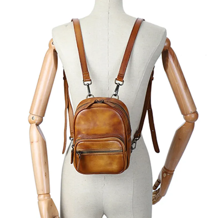 Cute Brown Leather Womens Backpack Mini Rucksack For Women