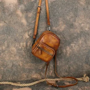 Cute Brown Leather Womens Backpack Mini Rucksack For Women