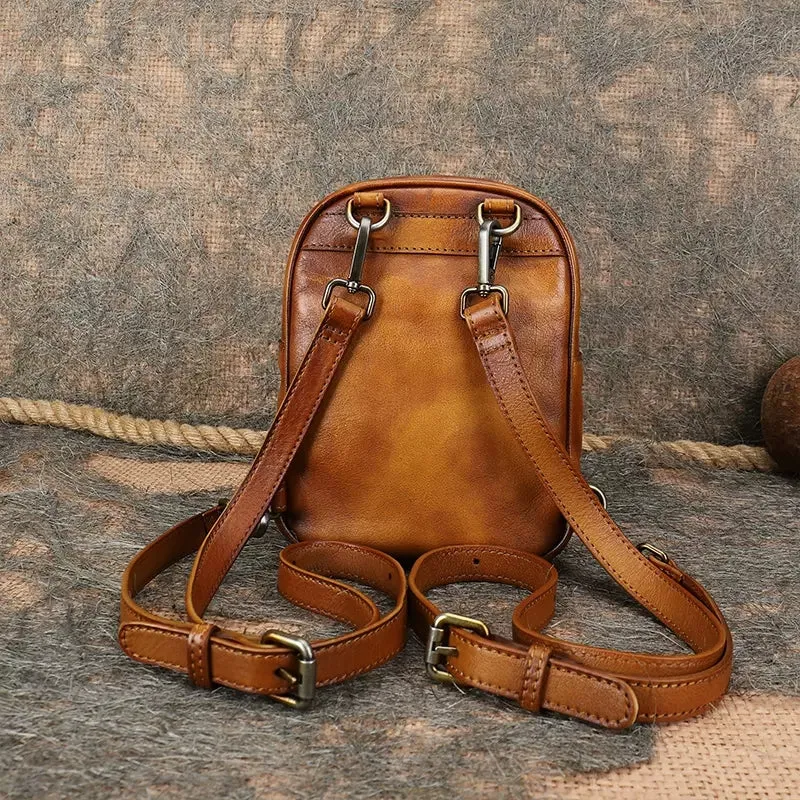 Cute Brown Leather Womens Backpack Mini Rucksack For Women