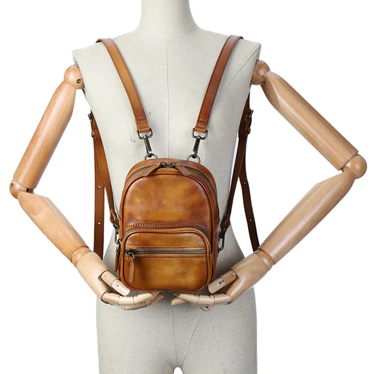 Cute Brown Leather Womens Backpack Mini Rucksack For Women
