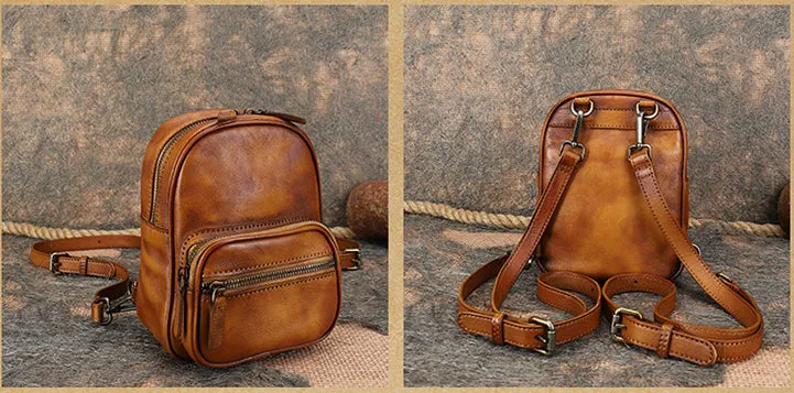 Cute Brown Leather Womens Backpack Mini Rucksack For Women
