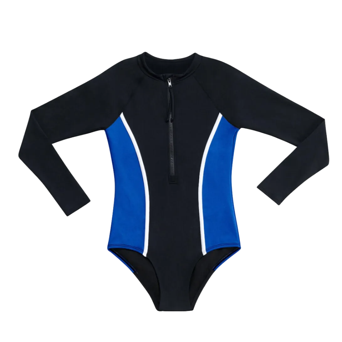 Dolfin Aquashape Color Blocked Zip Front Mock Neck Long Sleeve Moderate One Piece - Black/Blue