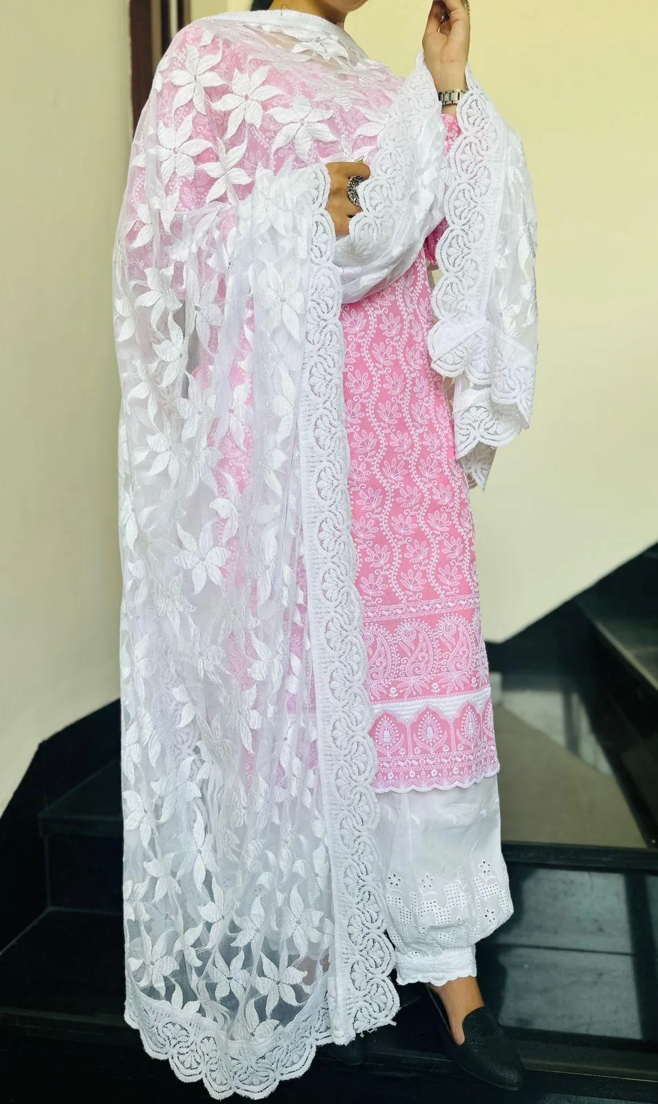 Elegant Pink Lucknowi Chikankari Patiala Suit with Sequin Accents
