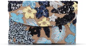 Envelope Package, Clutch Purses for Women, Sequin Embroidered Flowers Straw Bag, Bohemian Handmade Handbags, Beach Bag for Vacation, Travel, Banquet(Black Flower)