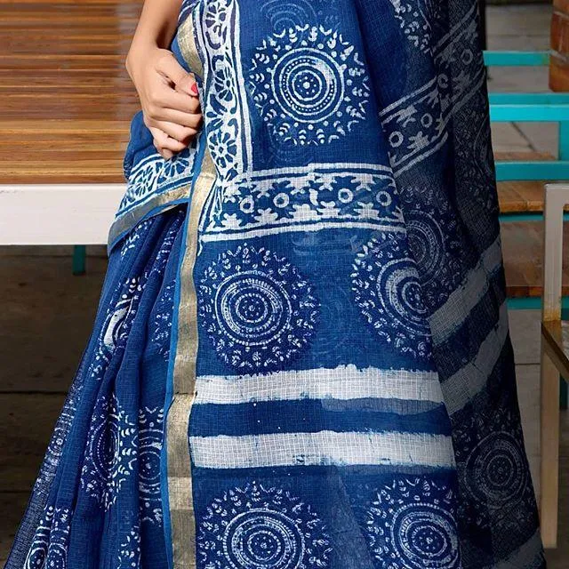 Fantastic Blue  Colored  Festive Printed  Pure Linen Saree