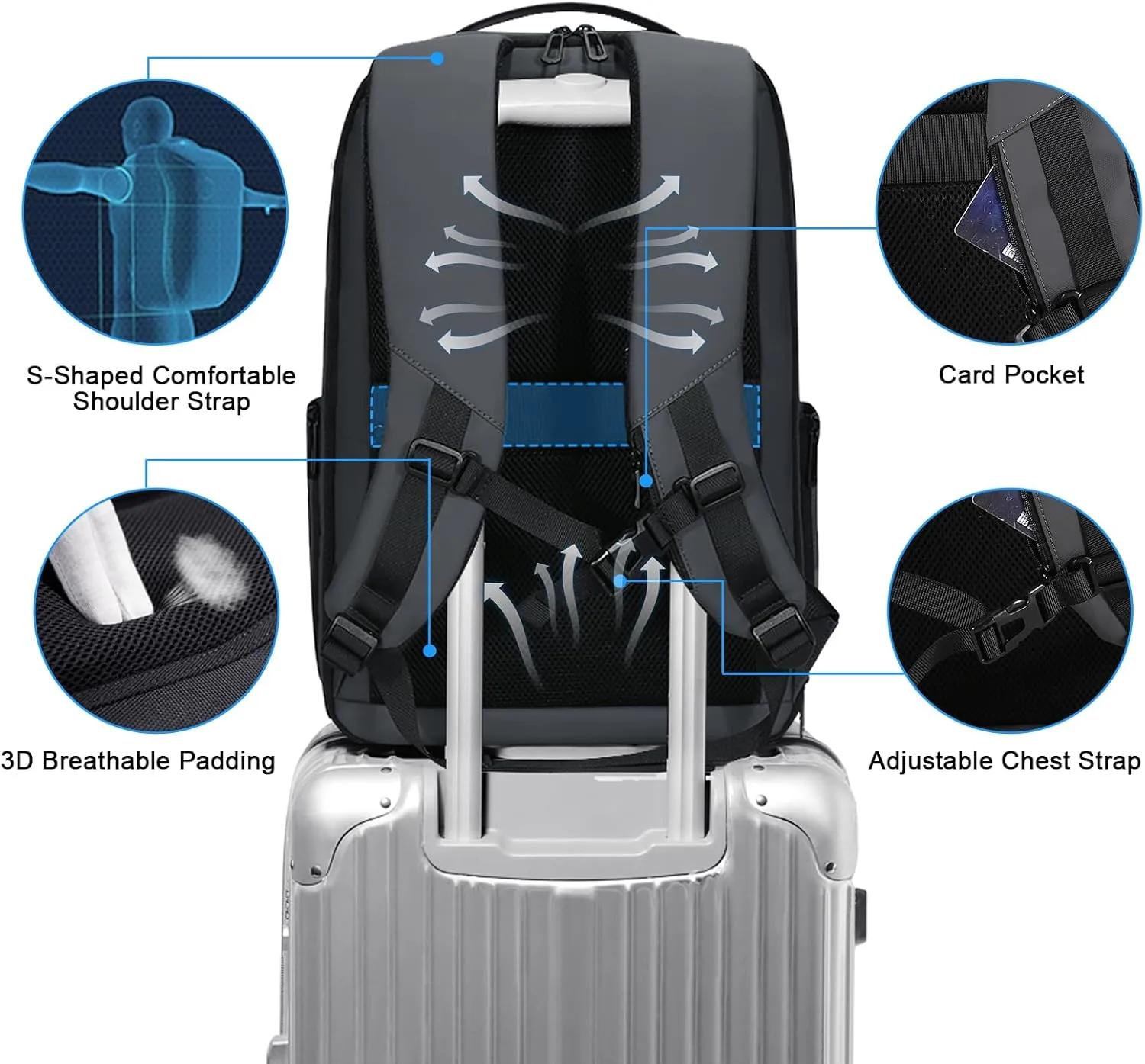 FENRUIEN Business Travel Backpack, Expandable Computer Backpack with USB Port, Gray Laptop Backpack 15.6 Inch for College/Work