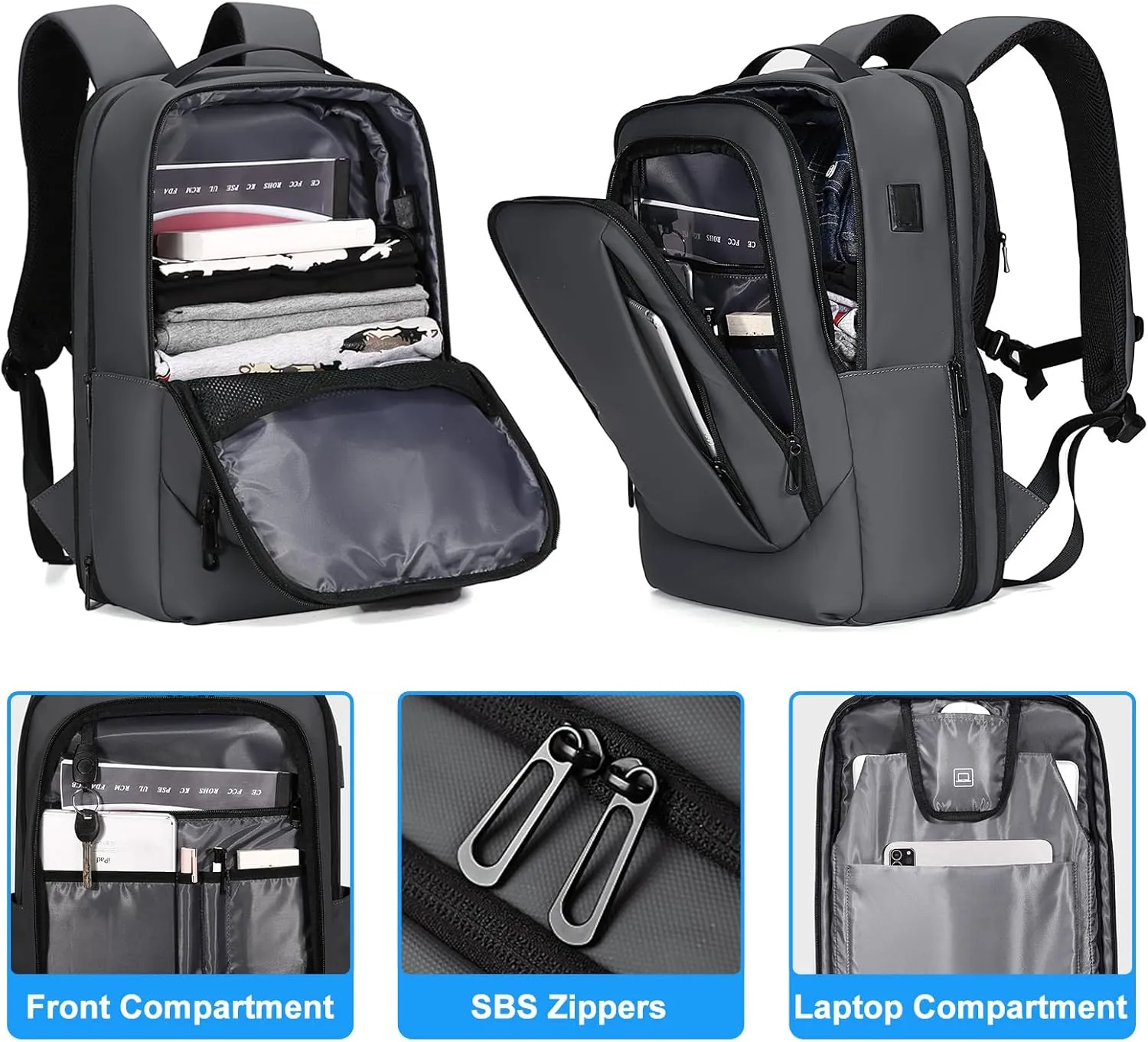 FENRUIEN Business Travel Backpack, Expandable Computer Backpack with USB Port, Gray Laptop Backpack 15.6 Inch for College/Work