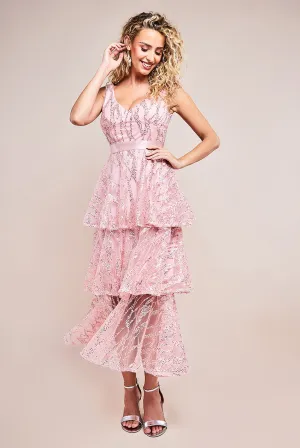 Goddiva Embroidered Mesh Tiered Midi Dress
