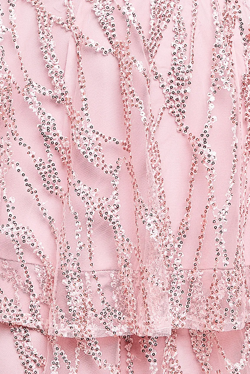 Goddiva Embroidered Mesh Tiered Midi Dress