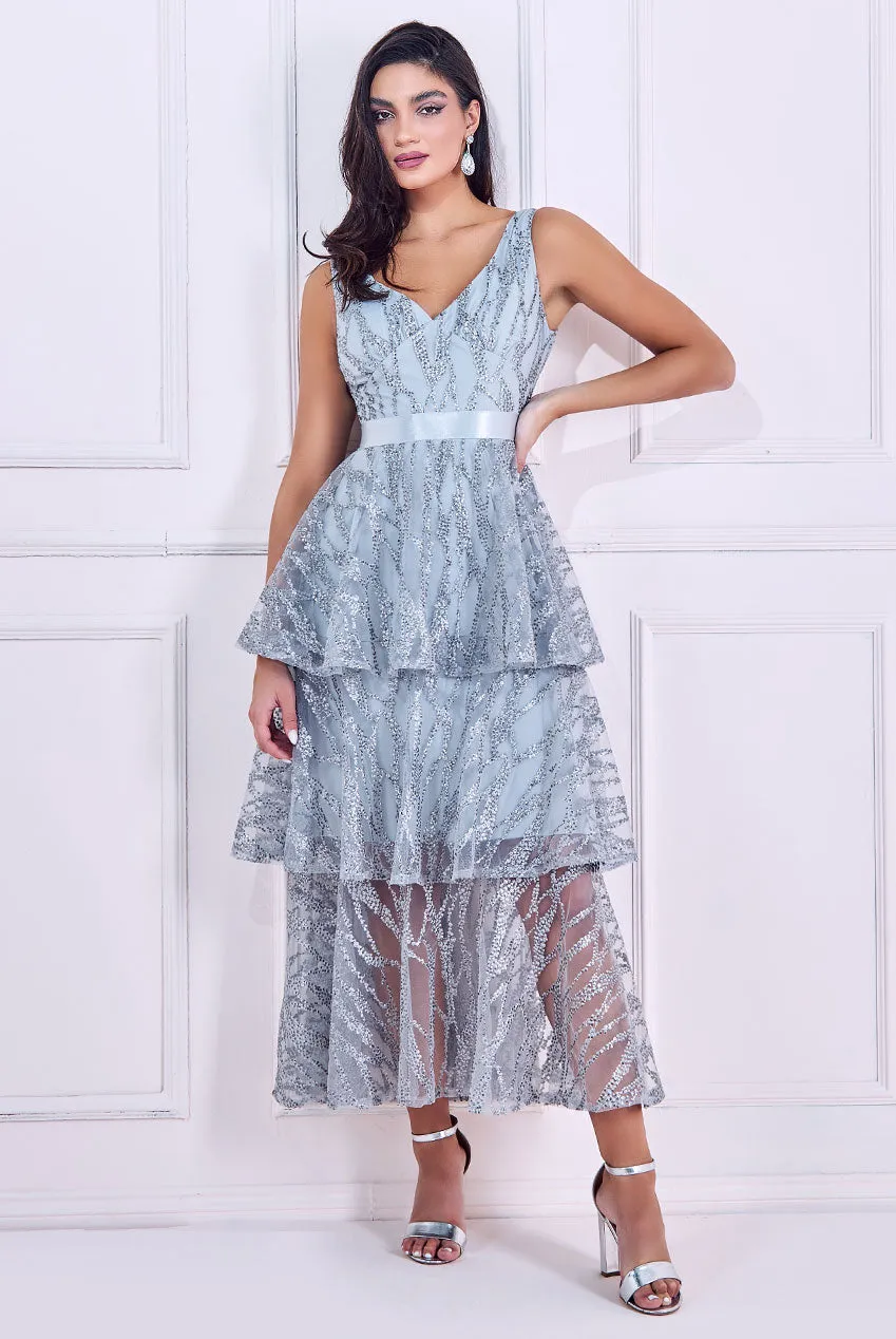 Goddiva Embroidered Mesh Tiered Midi Dress