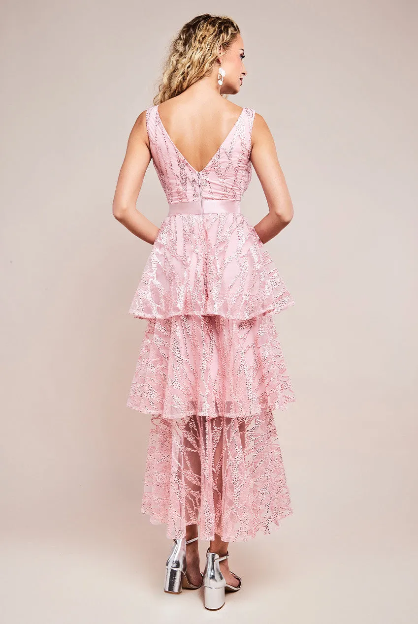 Goddiva Embroidered Mesh Tiered Midi Dress