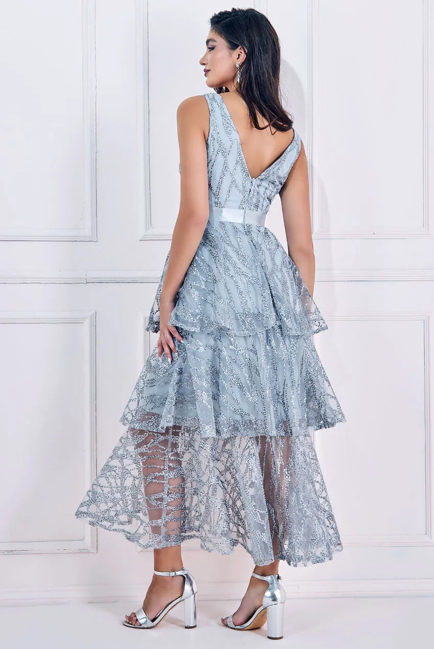 Goddiva Embroidered Mesh Tiered Midi Dress