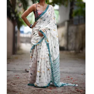 Graceful White Colored Festive Wear Pure Linen Designer Saree