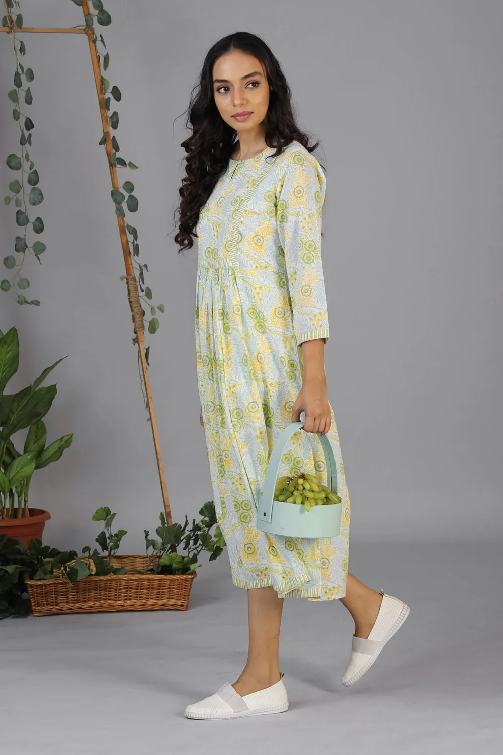 Handblock printed gathered dress