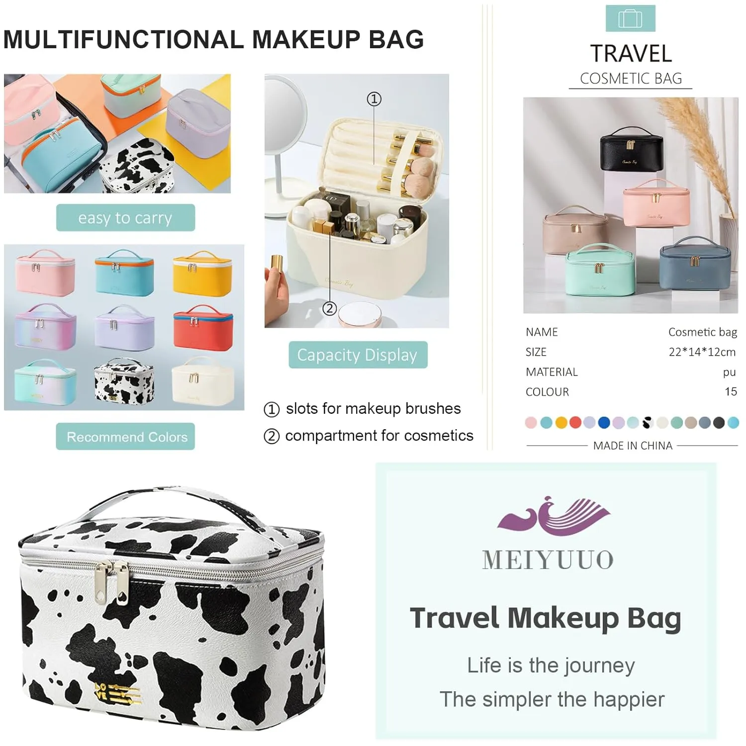 KITENROM Portable Makeup Bag Cow Printed Cosmetic Bags for Women Medium Pouch Case Purse Make Up Organization Waterproof (Print Cow)