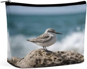 Large Capacity Makeup Bags for Women Portable Leather with Zipper Travelling Makeup Bag Bird Perching on The Rock Printed