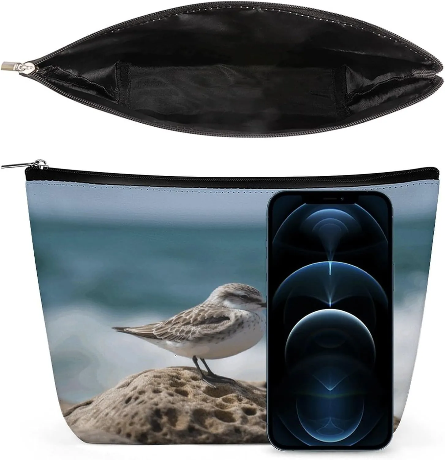 Large Capacity Makeup Bags for Women Portable Leather with Zipper Travelling Makeup Bag Bird Perching on The Rock Printed