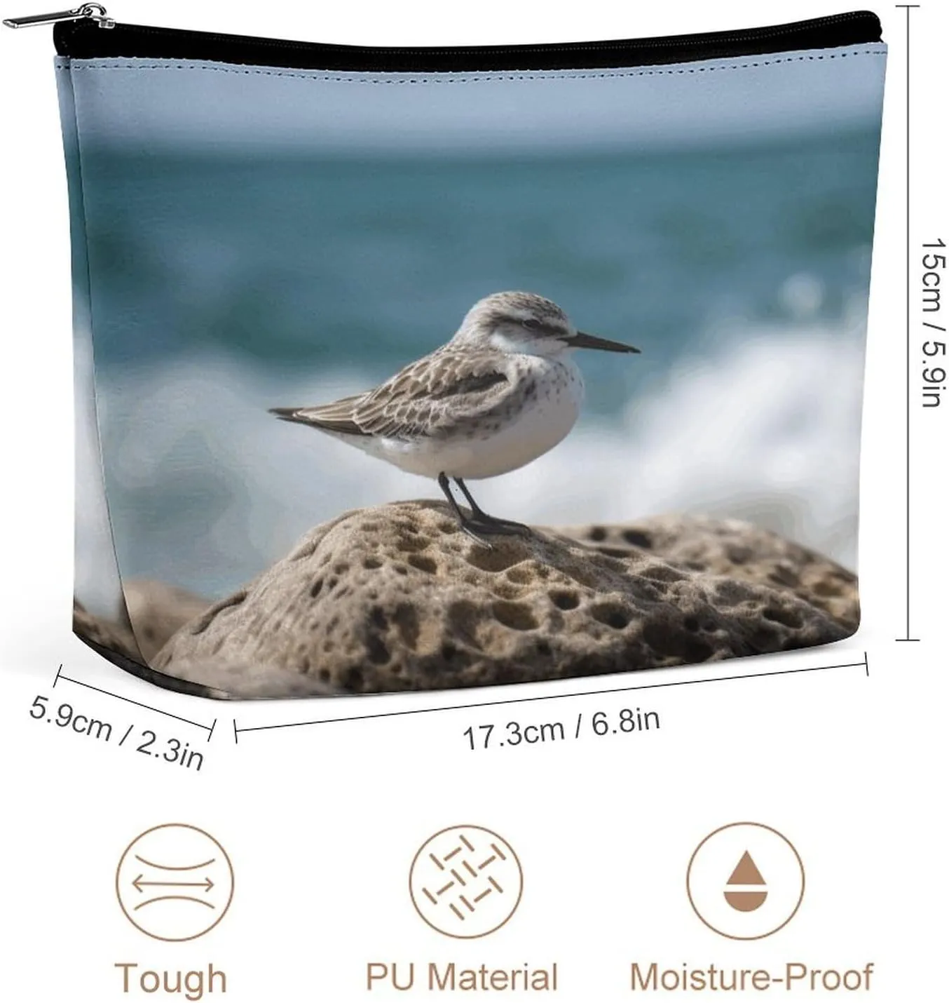 Large Capacity Makeup Bags for Women Portable Leather with Zipper Travelling Makeup Bag Bird Perching on The Rock Printed