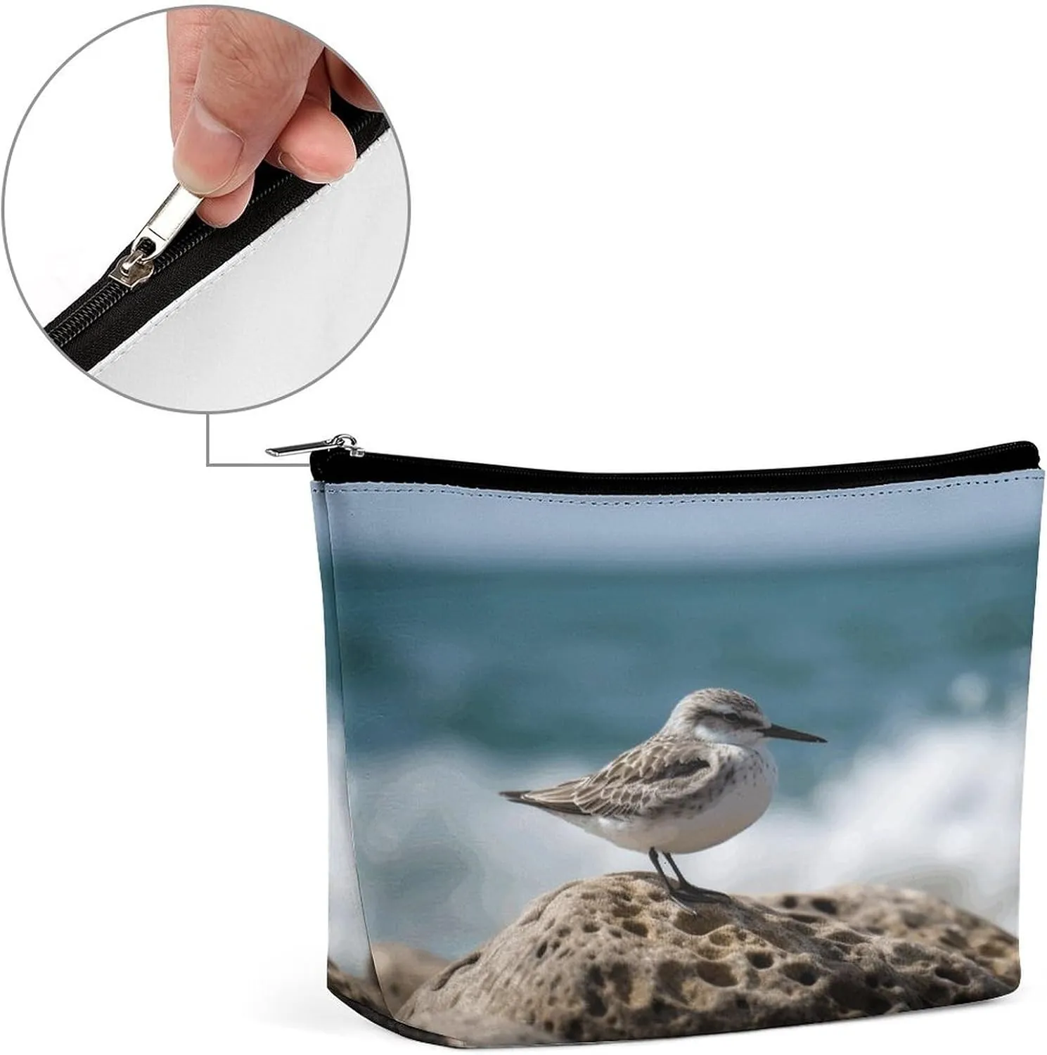 Large Capacity Makeup Bags for Women Portable Leather with Zipper Travelling Makeup Bag Bird Perching on The Rock Printed